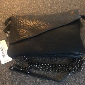 NWT Maxon Black Leather Asymmetrical Flap Crossbody Bag Made in Italy
